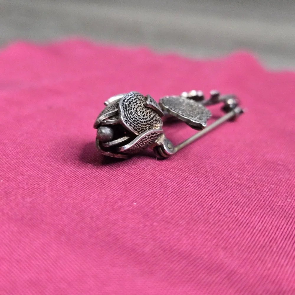 Vintage FAS 925 Sterling Silver Filigree Rose Brooch Pin 2.5